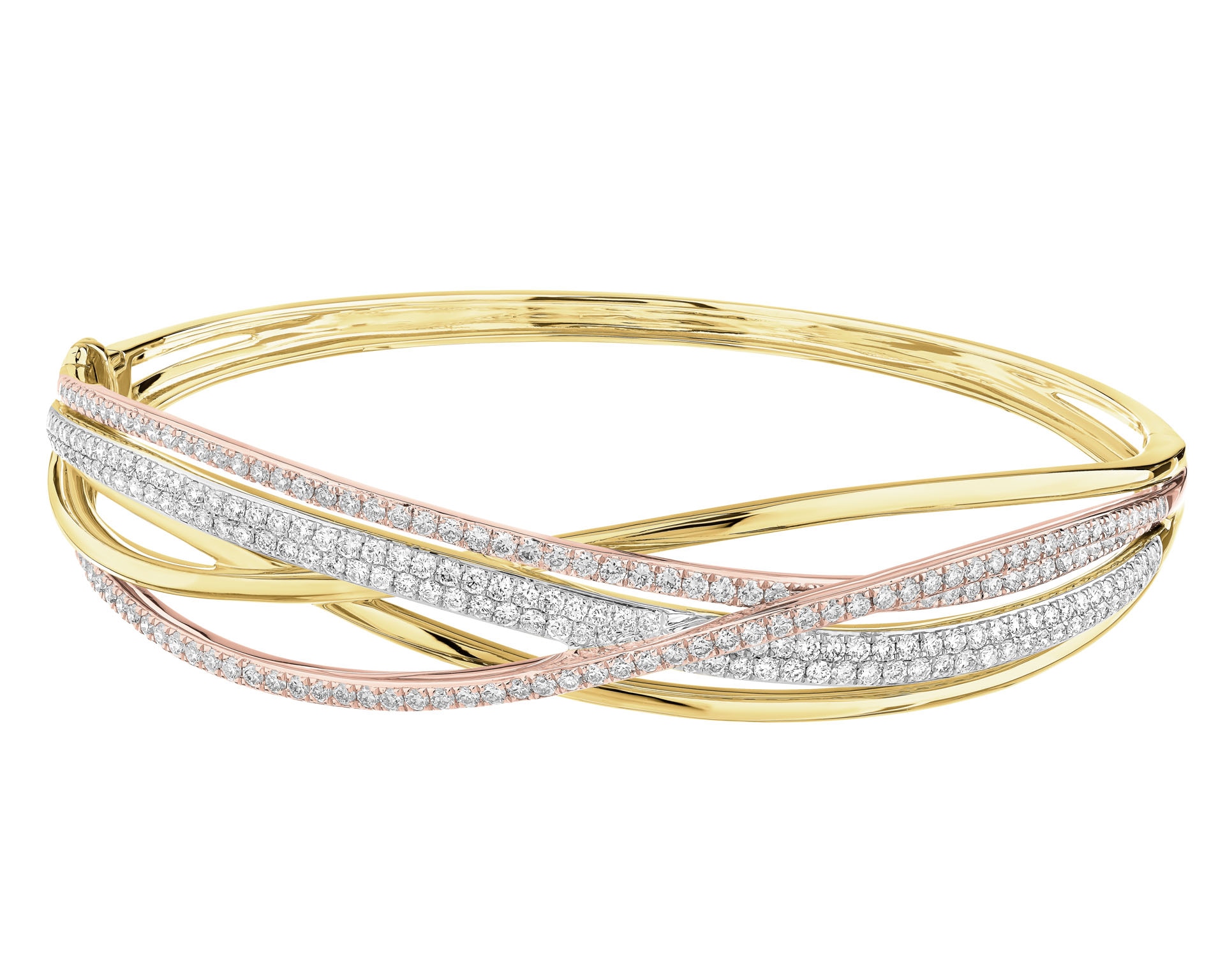 14 K Geelgoud, Rhodium-Gelaagd Wit- en Roze Gouden Stijve Armband met Diamanten - 2,30 ct